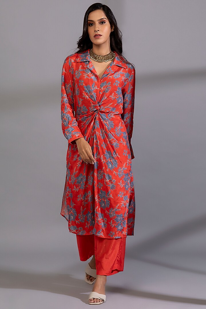 Scarlet Red Cotton Silk Digital Printed Tunic Set by Pants and Pajamas at Pernia's Pop Up Shop