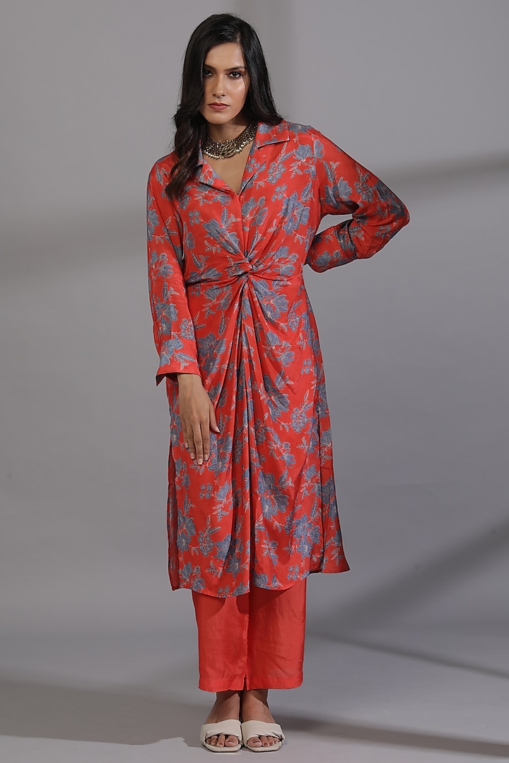 Scarlet Red Cotton Silk Digital Printed Tunic by Pants and Pajamas at Pernia's Pop Up Shop