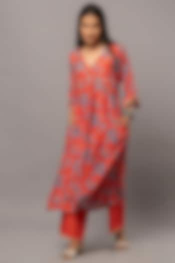 Scarlet Red Cotton Silk Digital Printed & Embroidered Kaftan Tunic by Pants and Pajamas at Pernia's Pop Up Shop