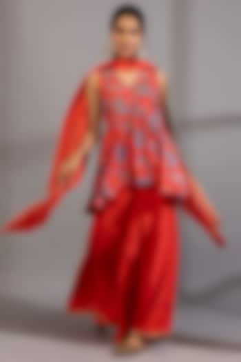 Scarlet Red Cotton Silk Sharara Set by Pants and Pajamas at Pernia's Pop Up Shop