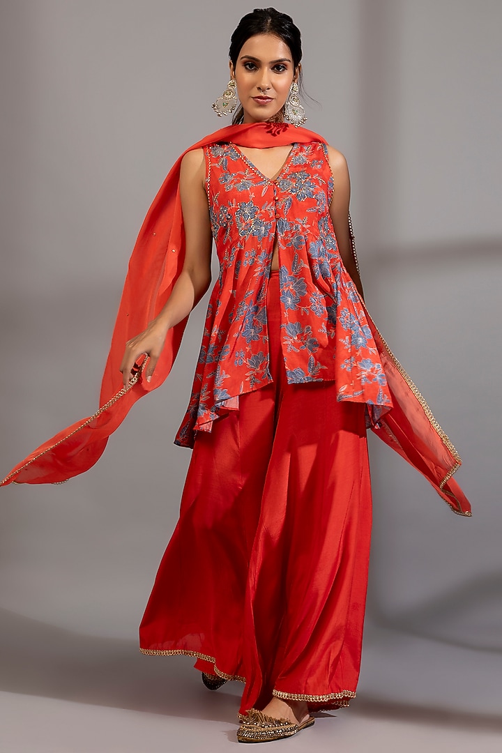 Scarlet Red Cotton Silk Sharara Set by Pants and Pajamas at Pernia's Pop Up Shop