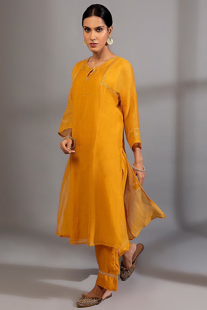 Mustard Yellow Chanderi Mul Zardosi Embroidered Kurta Set by Pants and Pajamas at Pernia's Pop Up Shop