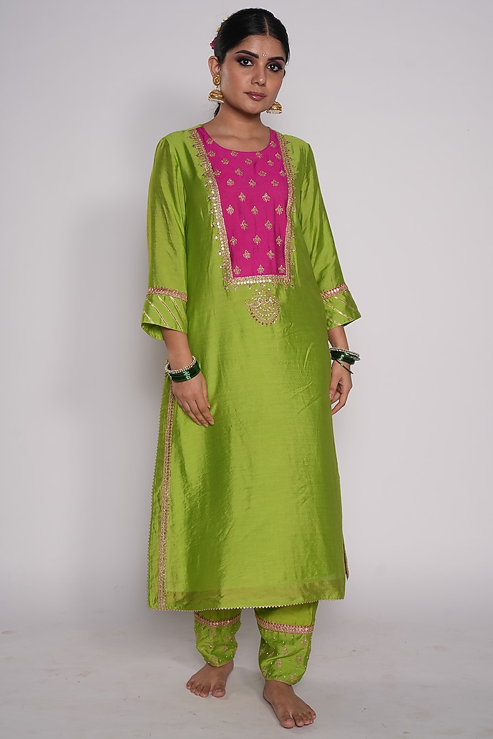 Lime Green & Rani Pink Embroidered Kurta by Pants and Pajamas at Pernia's Pop Up Shop