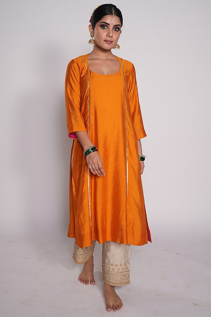 Orange Chanderi Kurta by Pants and Pajamas