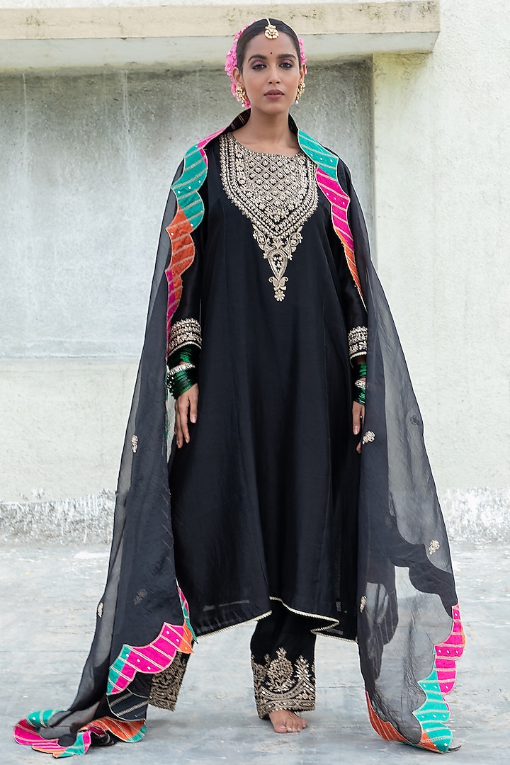 Black Silk Chanderi Hand & Machine Embroidered Kurta Set by Pants and Pajamas at Pernia's Pop Up Shop