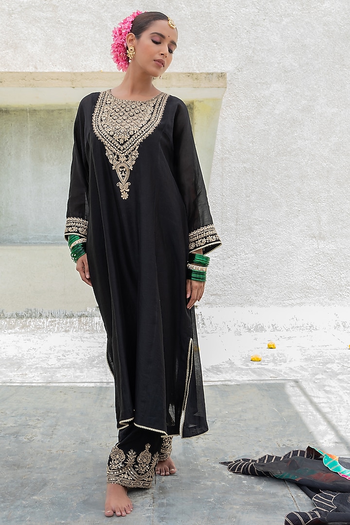 Black Silk Chanderi Hand & Machine Embroidered Kurta Set by Pants and Pajamas at Pernia's Pop Up Shop