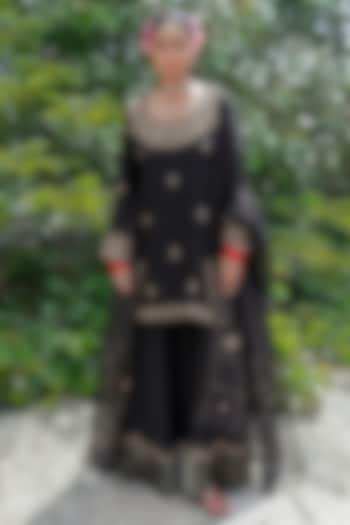 Black Silk Chanderi Embroidered Party Wear Sharara Set by Pants and Pajamas at Pernia's Pop Up Shop