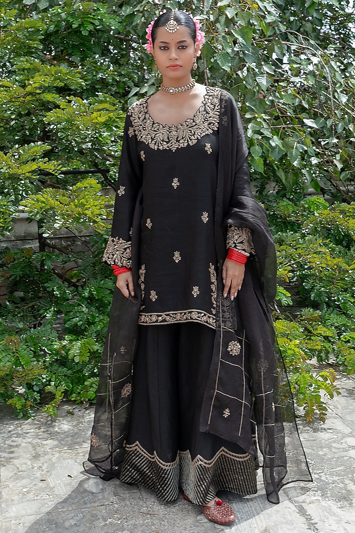 Black Silk Chanderi Embroidered Party Wear Sharara Set by Pants and Pajamas at Pernia's Pop Up Shop
