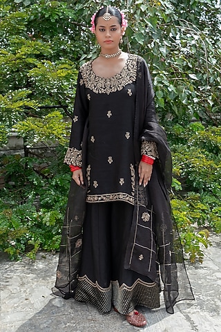 Black Silk Chanderi Embroidered Sharara Set by Pants and Pajamas