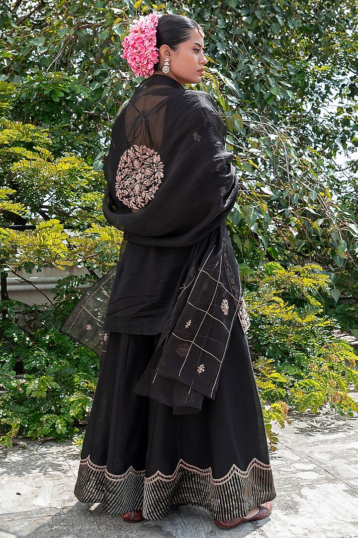 Black Silk Chanderi Embroidered Party Wear Sharara Set by Pants and Pajamas at Pernia's Pop Up Shop