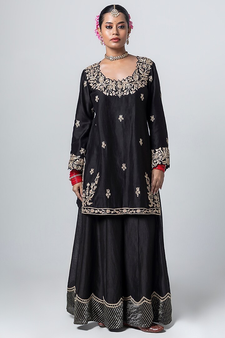 Black Silk Chanderi Embroidered Party Wear Sharara Set by Pants and Pajamas at Pernia's Pop Up Shop