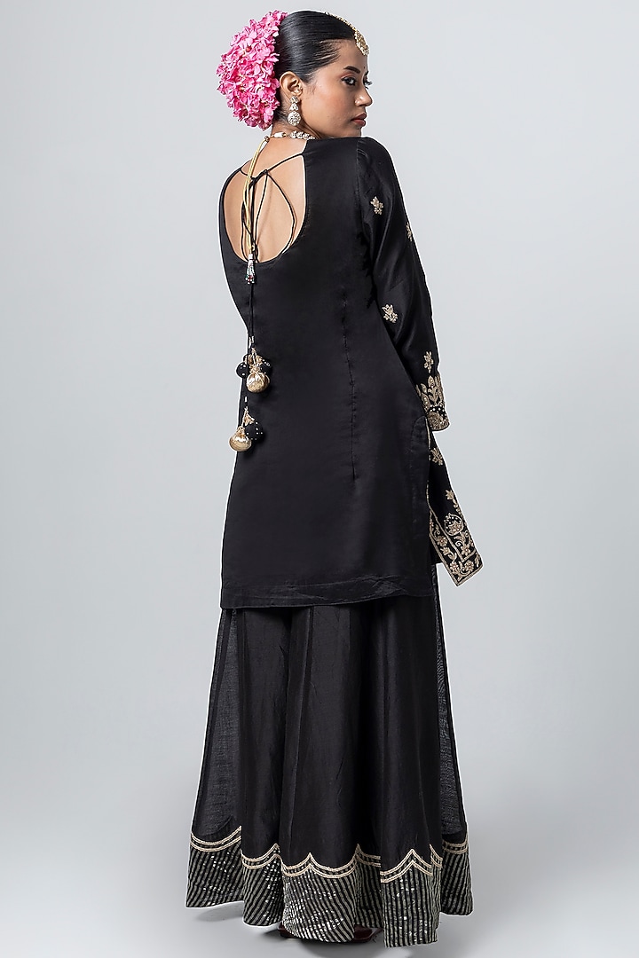 Black Silk Chanderi Embroidered Party Wear Sharara Set by Pants and Pajamas at Pernia's Pop Up Shop