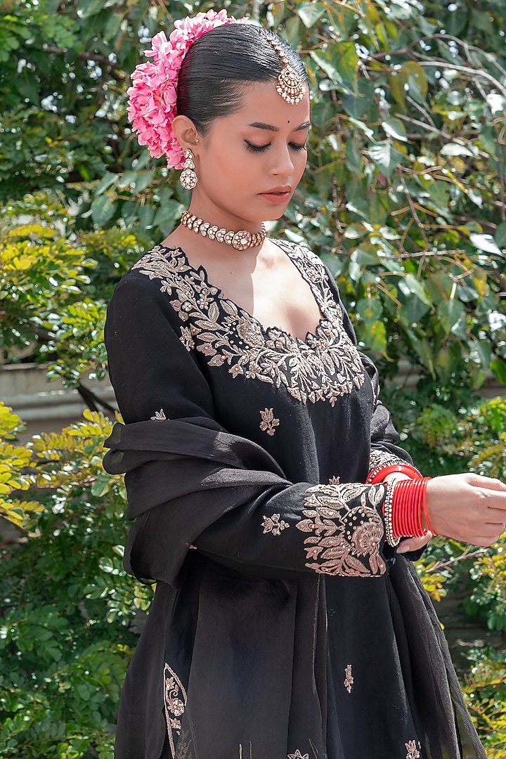 Black Silk Chanderi Embroidered Party Wear Sharara Set by Pants and Pajamas at Pernia's Pop Up Shop