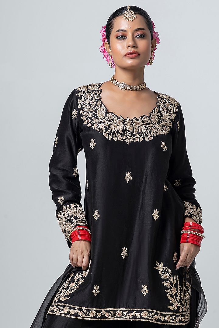 Black Silk Chanderi Embroidered Party Wear Sharara Set by Pants and Pajamas at Pernia's Pop Up Shop