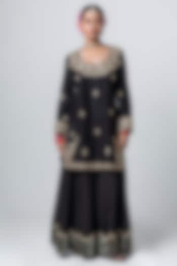 Black Silk Chanderi Embroidered Party Wear Sharara Set by Pants and Pajamas at Pernia's Pop Up Shop
