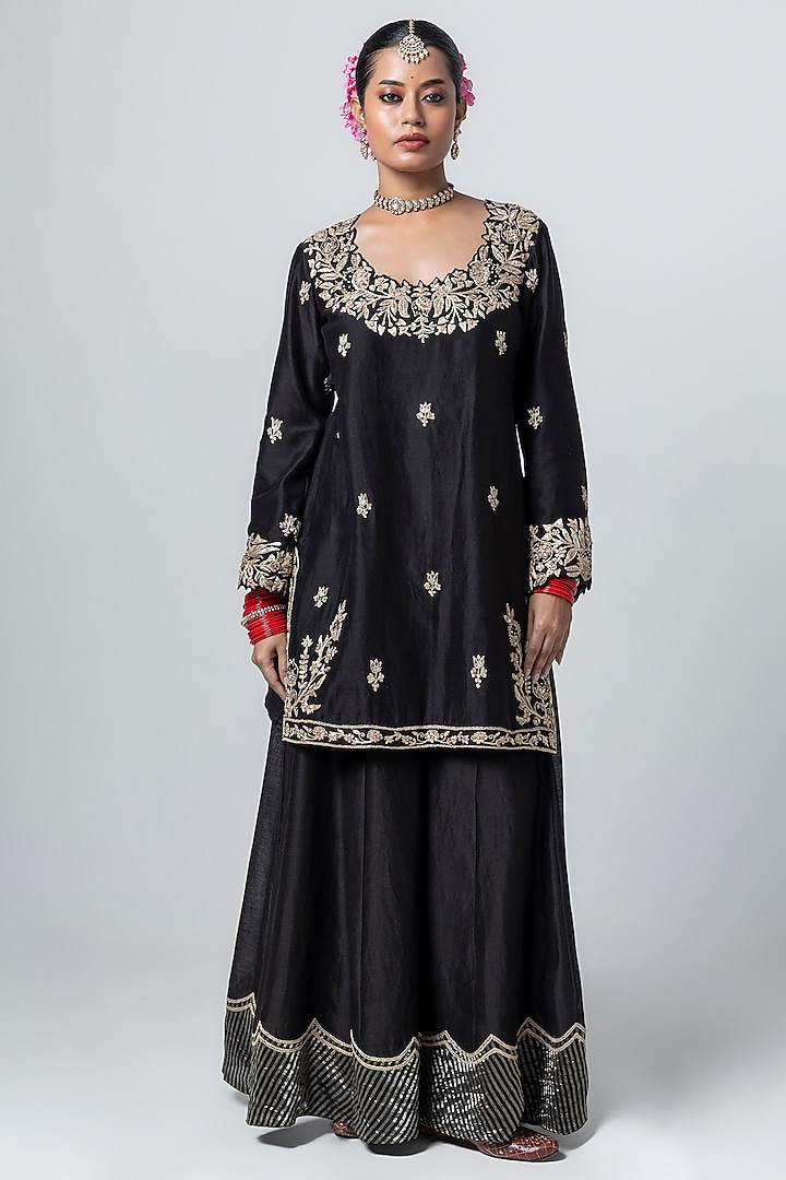 Black Silk Chanderi Embroidered Party Wear Sharara Set by Pants and Pajamas at Pernia's Pop Up Shop