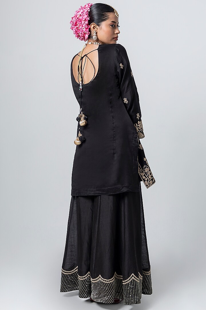 Black Silk Chanderi Embroidered Party Wear Sharara Set by Pants and Pajamas at Pernia's Pop Up Shop