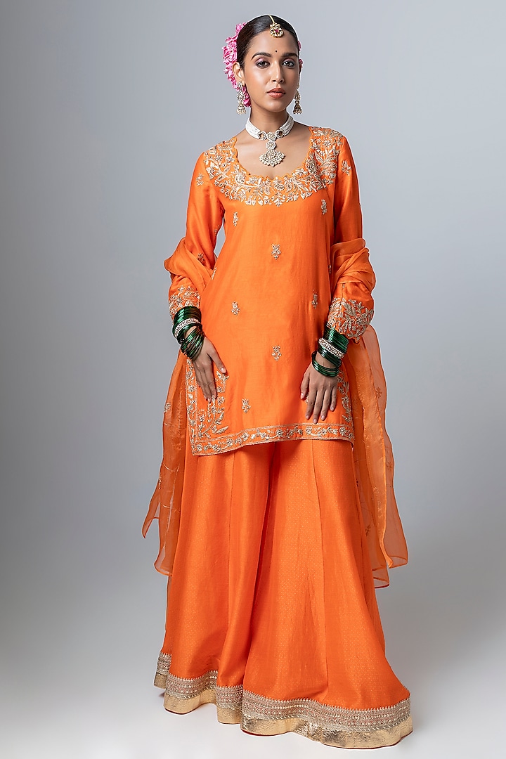 Orange Silk Chanderi Polka Dot Printed & Embroidered Sharara Set by Pants and Pajamas at Pernia's Pop Up Shop