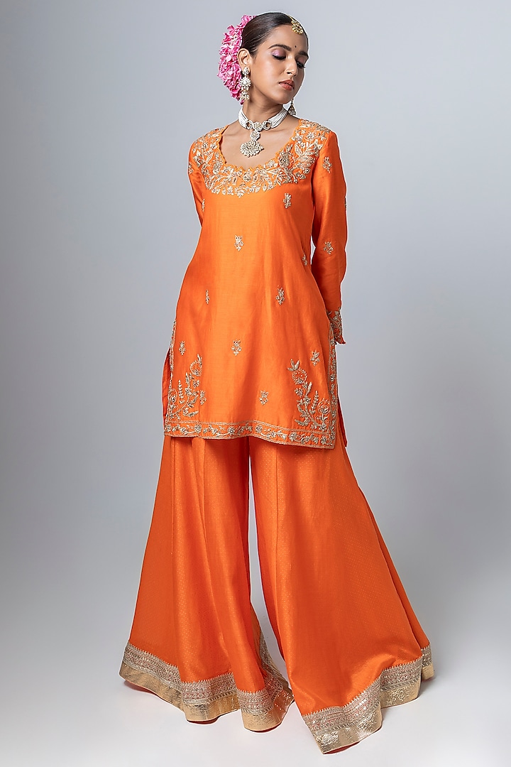 Orange Silk Chanderi Polka Dot Printed & Embroidered Sharara Set by Pants and Pajamas at Pernia's Pop Up Shop