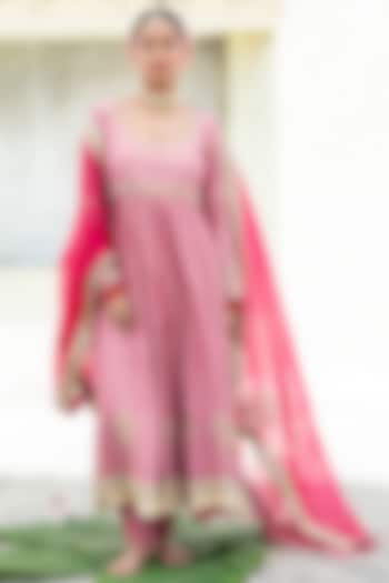 Blush Pink Silk Chanderi Hand & Machine Embroidered Wedding Anarkali Set by Pants and Pajamas at Pernia's Pop Up Shop