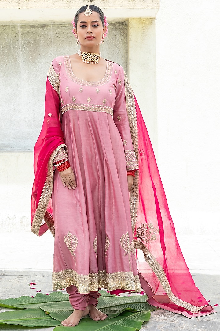 Blush Pink Silk Chanderi Hand & Machine Embroidered Wedding Anarkali Set by Pants and Pajamas at Pernia's Pop Up Shop