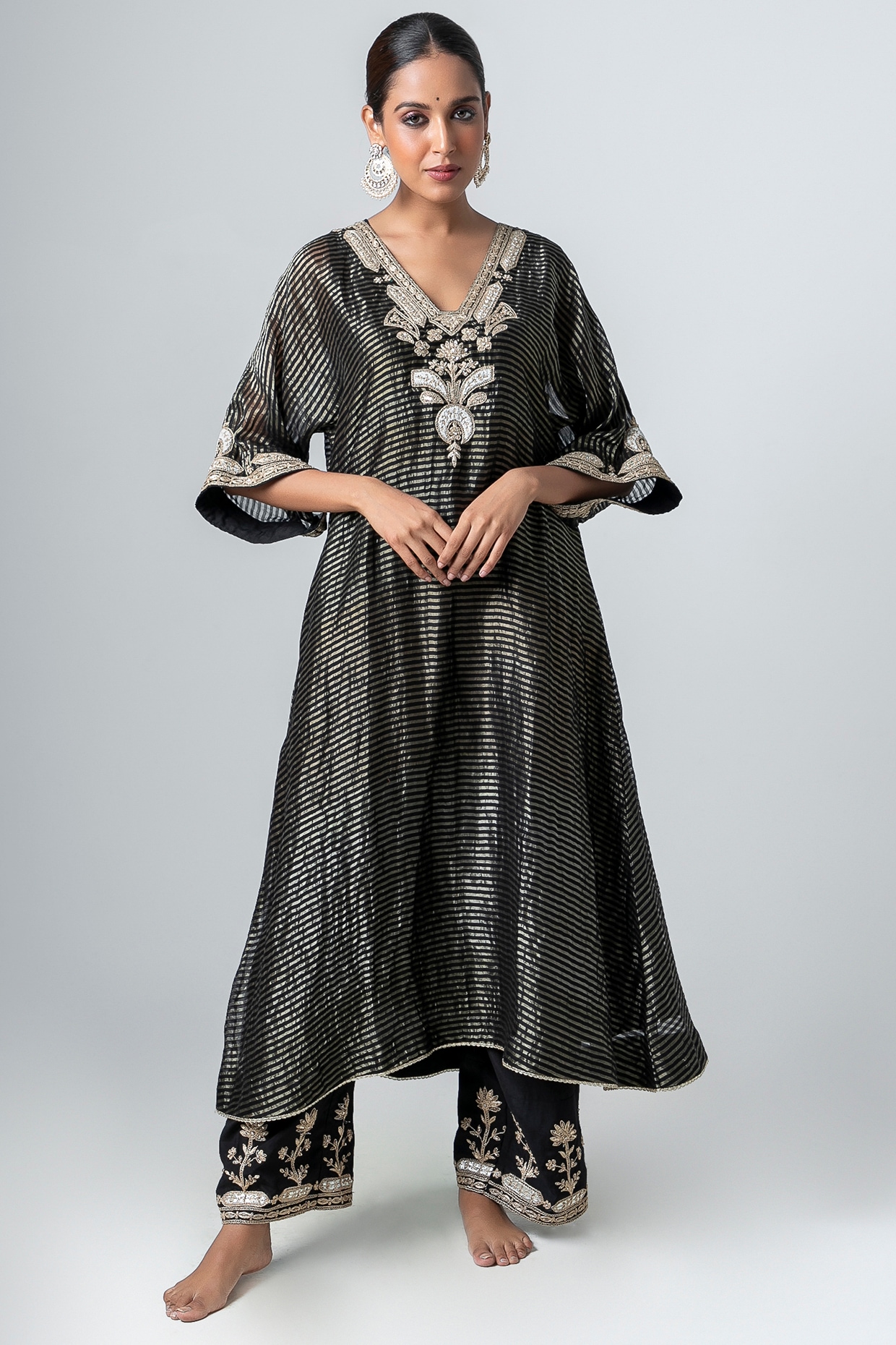 Black & Silver Zari Stripe Embroidered Kaftan Set by Pants