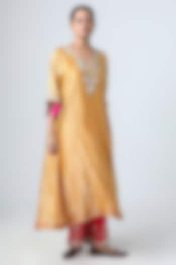 Mustard & Silver Zari Stripe Embroidered Kaftan Set by Pants and Pajamas at Pernia's Pop Up Shop