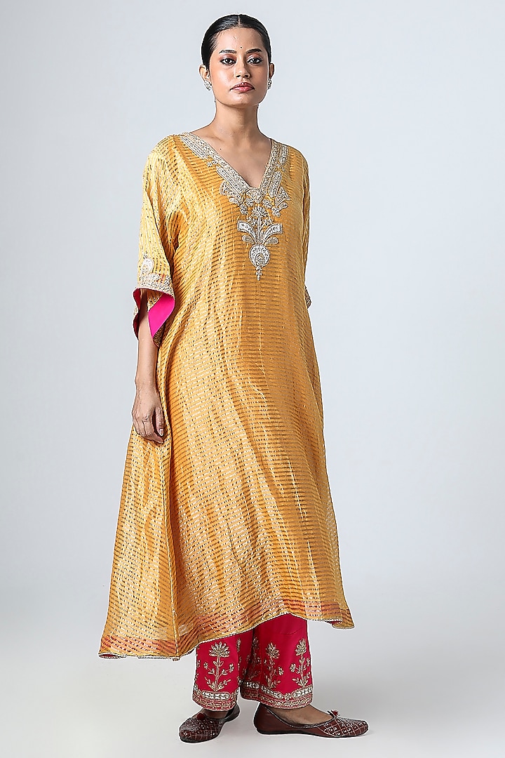 Mustard & Silver Zari Stripe Embroidered Kaftan Set by Pants and Pajamas at Pernia's Pop Up Shop