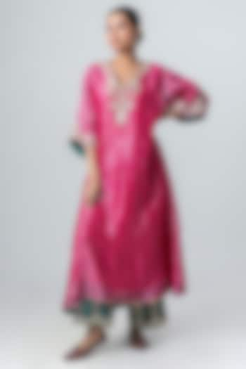 Hot Pink & Silver Zari Stripe Embroidered Kaftan Set by Pants and Pajamas at Pernia's Pop Up Shop