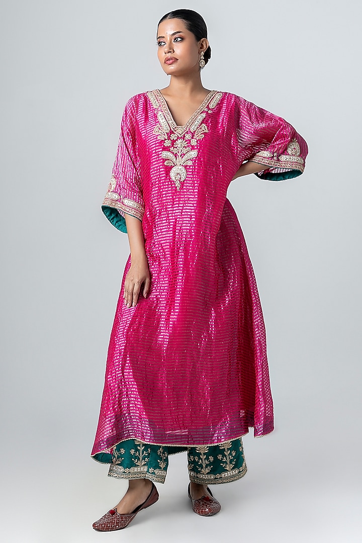 Hot Pink & Silver Zari Stripe Embroidered Kaftan Set by Pants and Pajamas at Pernia's Pop Up Shop