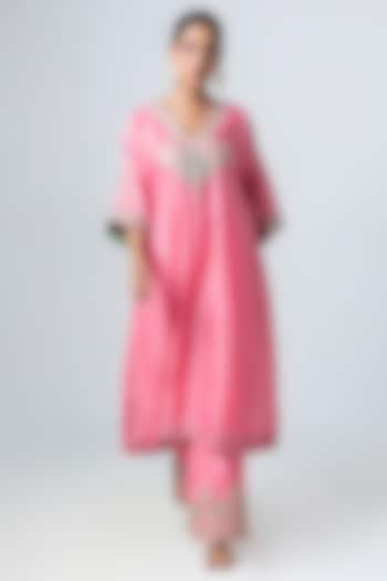 Blush Pink Silk Chanderi Hand & Machine Embroidered Kaftan Set by Pants and Pajamas at Pernia's Pop Up Shop