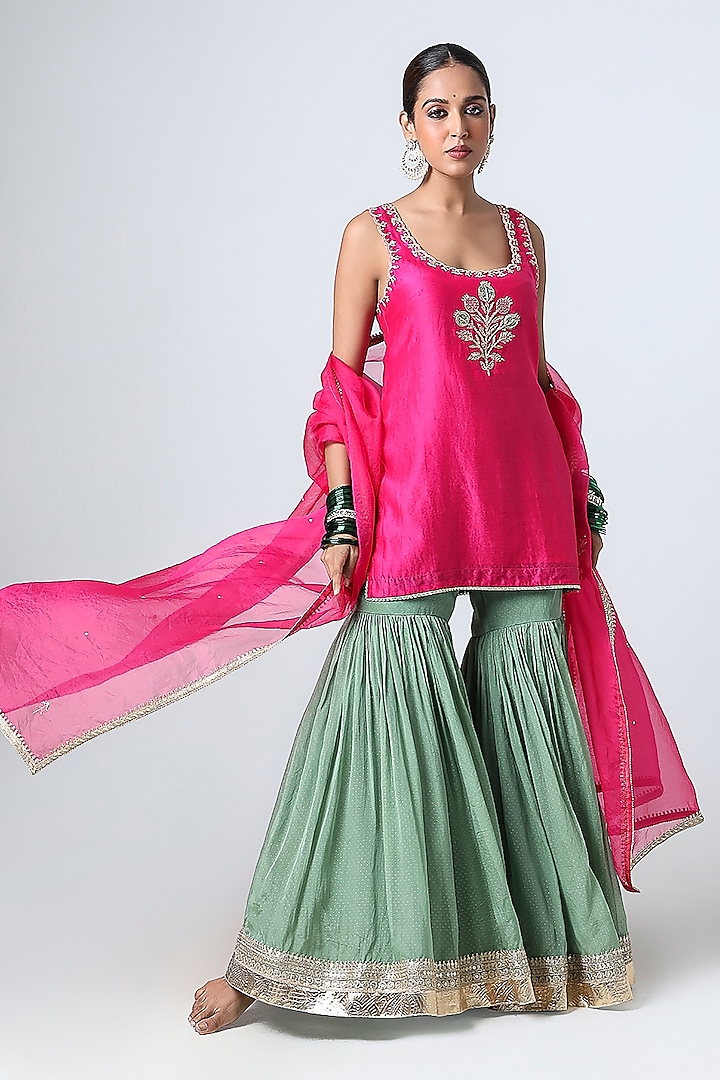 Hot Pink Silk Chanderi Hand & Machine Embroidered Kurta Set by Pants and Pajamas at Pernia's Pop Up Shop