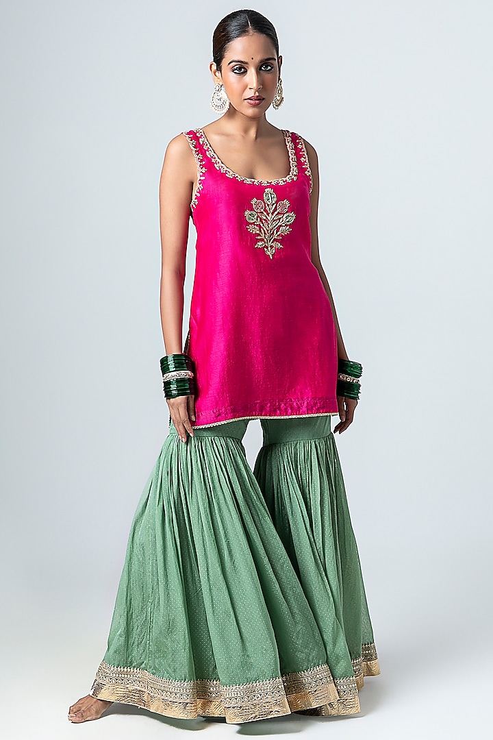 Hot Pink Silk Chanderi Hand & Machine Embroidered Kurta Set by Pants and Pajamas at Pernia's Pop Up Shop