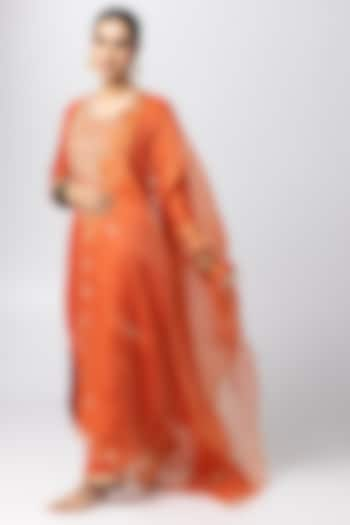 Rust Silk Chanderi Hand & Machine Embroidered Kurta Set by Pants and Pajamas at Pernia's Pop Up Shop