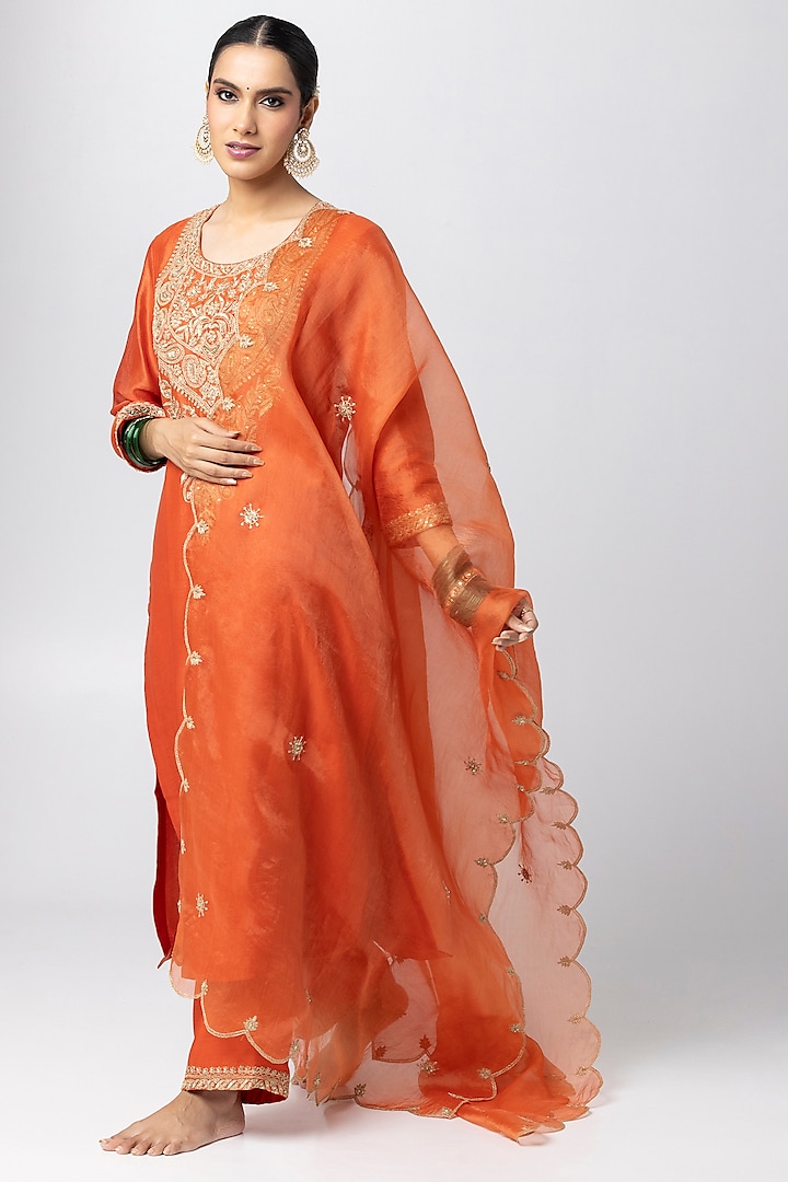 Rust Silk Chanderi Hand & Machine Embroidered Kurta Set by Pants and Pajamas at Pernia's Pop Up Shop