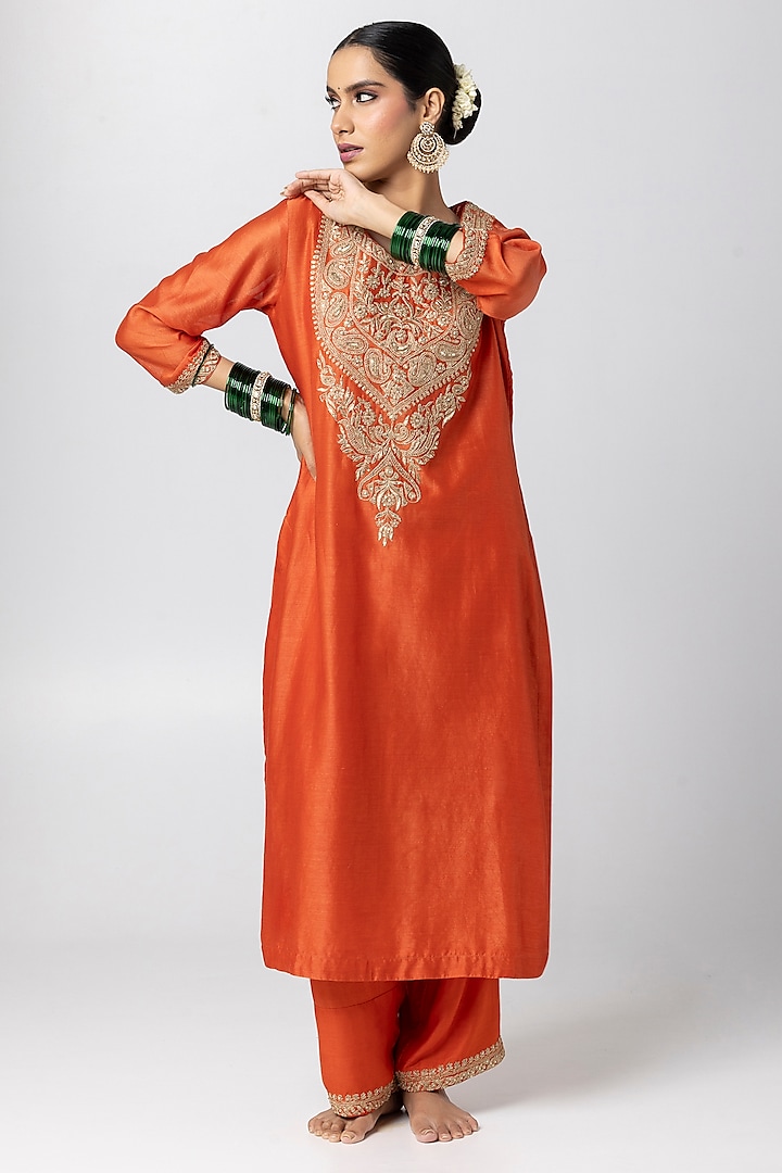 Rust Silk Chanderi Hand & Machine Embroidered Kurta Set by Pants and Pajamas at Pernia's Pop Up Shop