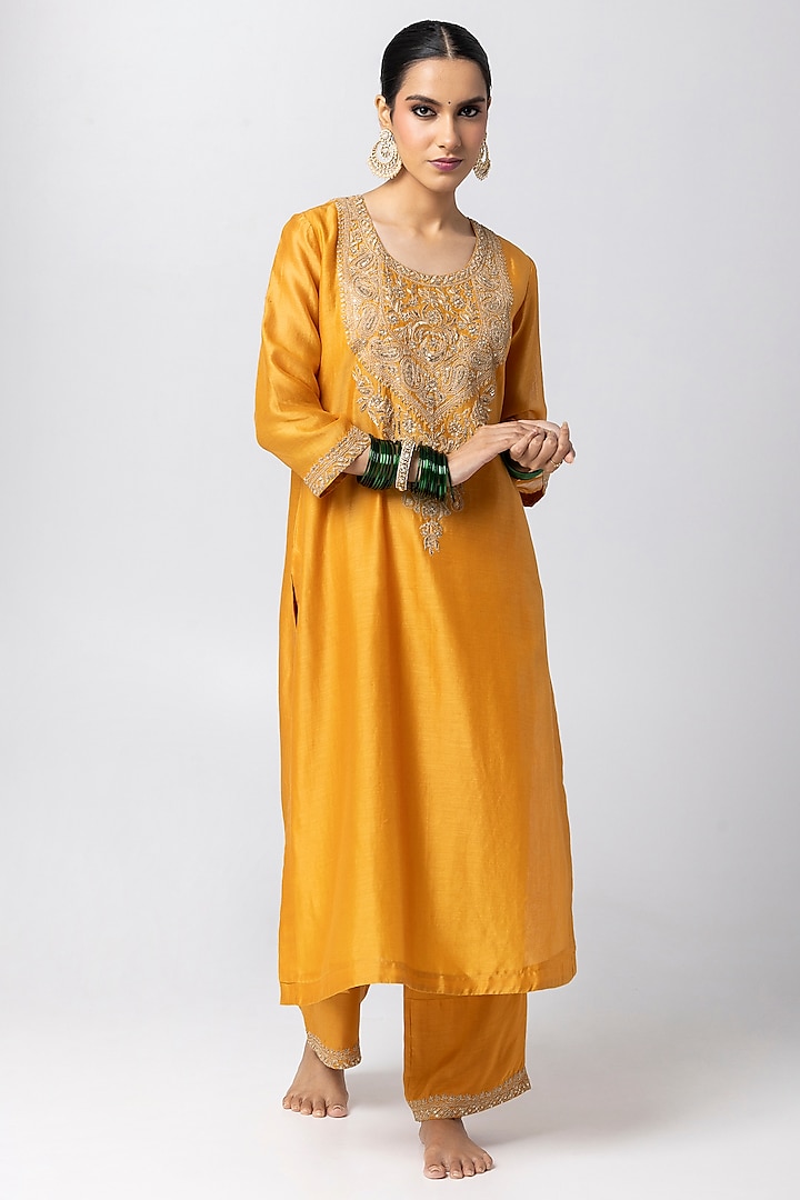 Mustard Silk Chanderi Hand & Machine Embroidered Kurta Set by Pants and Pajamas at Pernia's Pop Up Shop