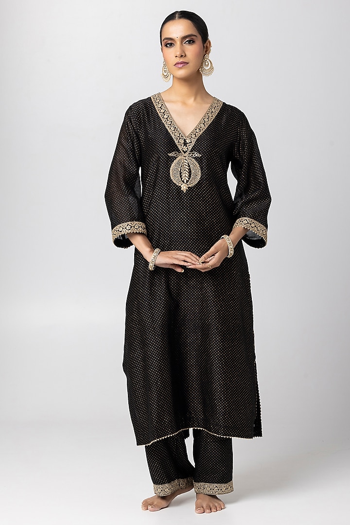 Black Silk Chanderi Hand & Machine Embroidered Kurta Set by Pants and Pajamas at Pernia's Pop Up Shop