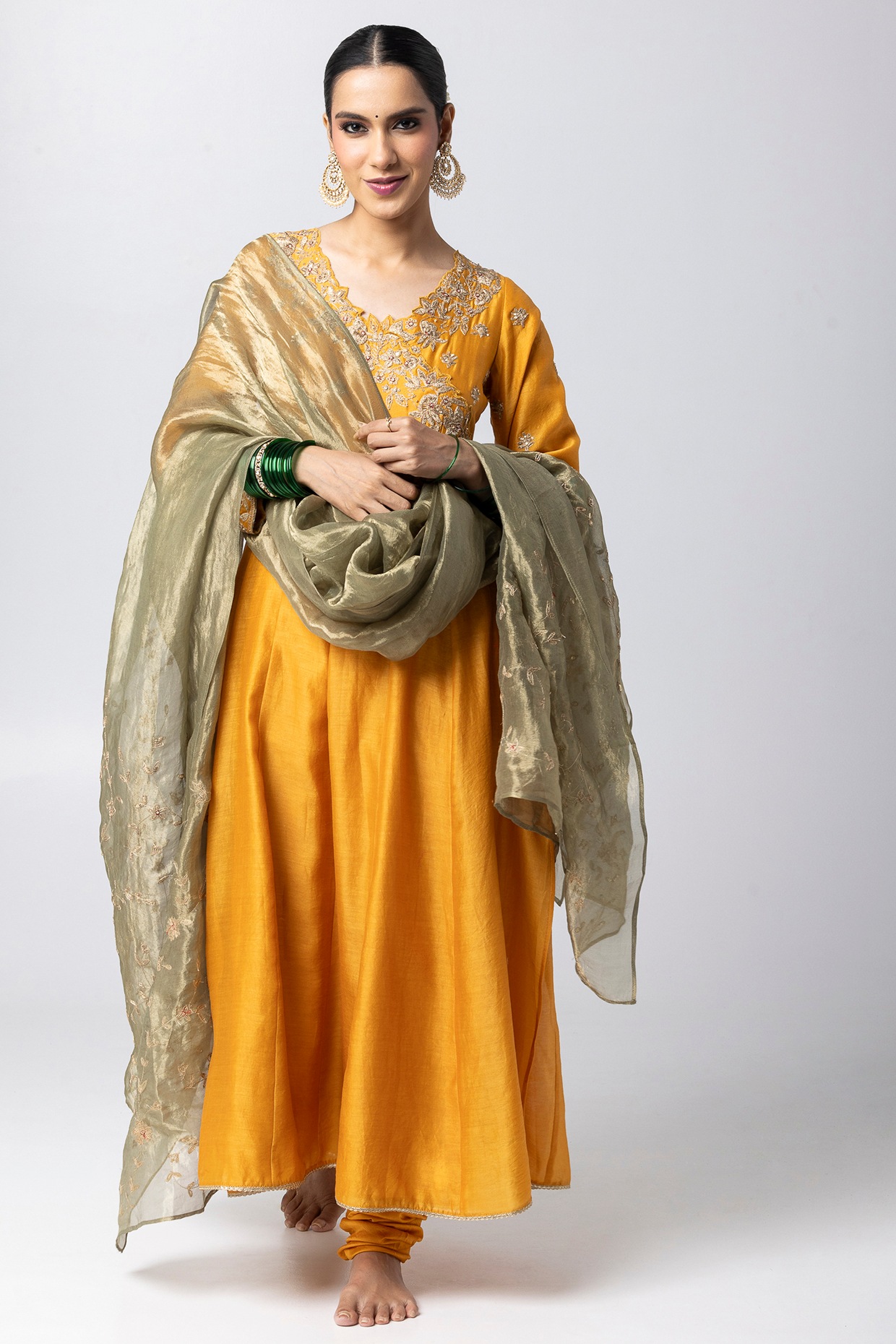 Women Mehandi Roman Silk Chanderi Kurta Set With Pant And Duppata Set