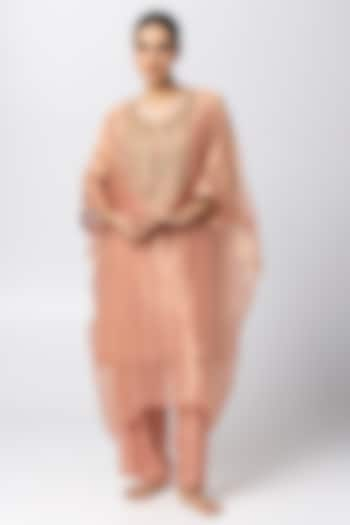 Blush Pink Tissue Zari Hand & Machine Embroidered Kaftan Set by Pants and Pajamas at Pernia's Pop Up Shop