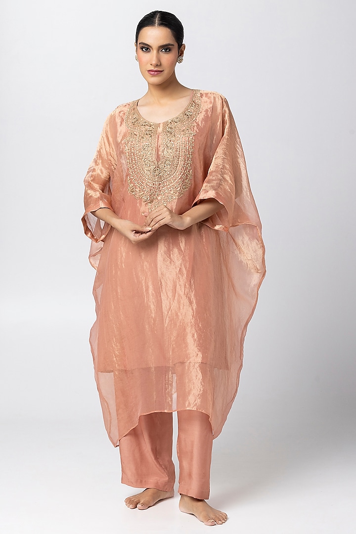 Blush Pink Tissue Zari Hand & Machine Embroidered Kaftan Set by Pants and Pajamas at Pernia's Pop Up Shop