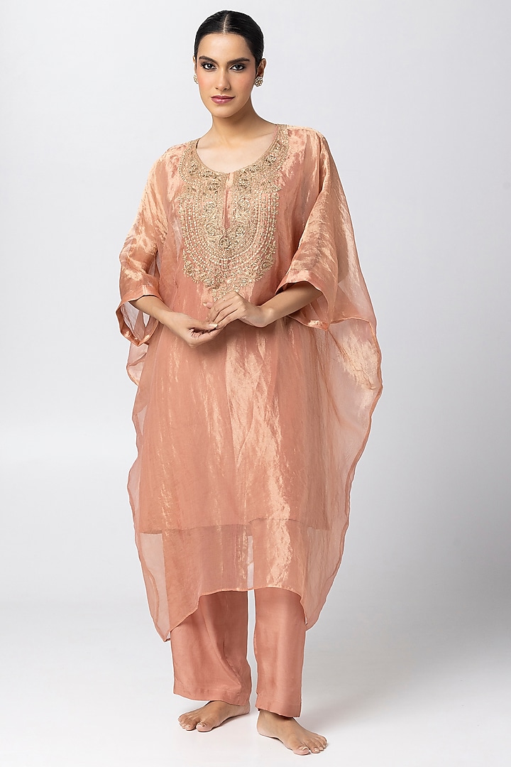 Blush Pink Tissue Zari Hand & Machine Embroidered Kaftan by Pants and Pajamas at Pernia's Pop Up Shop