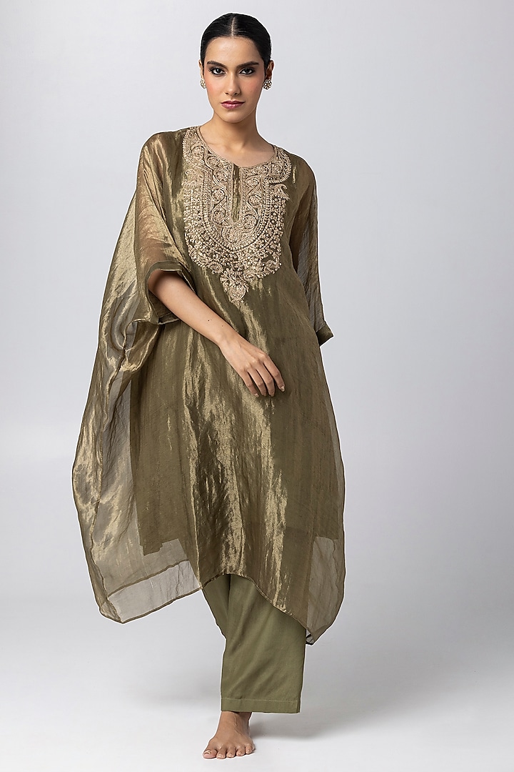 Olive Green Tissue Zari Hand & Machine Embroidered Kaftan Set by Pants and Pajamas