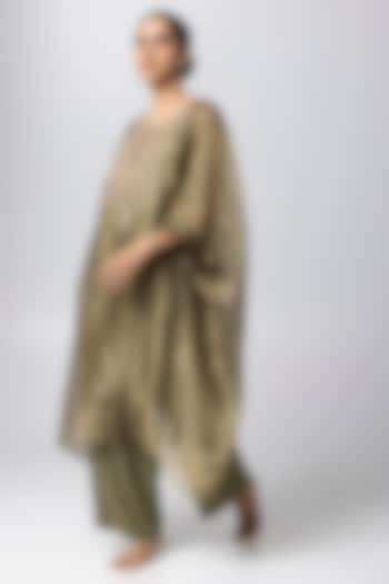 Olive Green Tissue Zari Hand & Machine Embroidered Kaftan by Pants and Pajamas at Pernia's Pop Up Shop