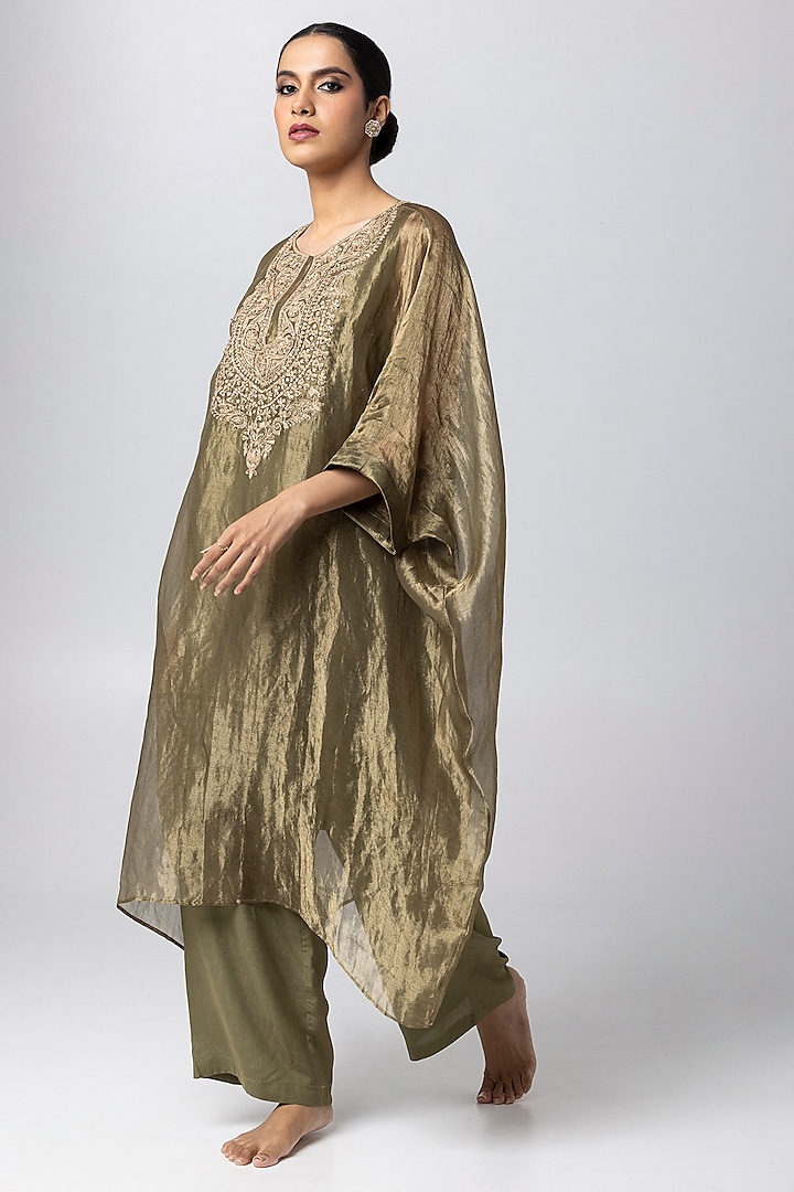 Olive Green Tissue Zari Hand & Machine Embroidered Kaftan by Pants and Pajamas at Pernia's Pop Up Shop