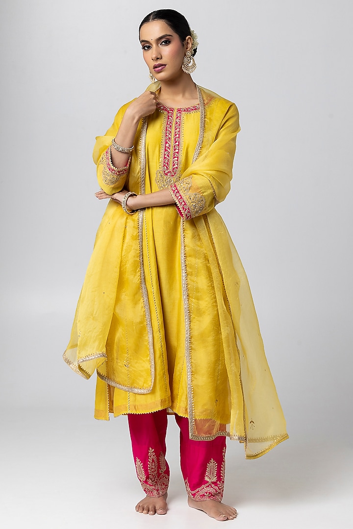 Bright Yellow Silk Chanderi Hand & Machine Embroidered Kurta Set by Pants and Pajamas at Pernia's Pop Up Shop