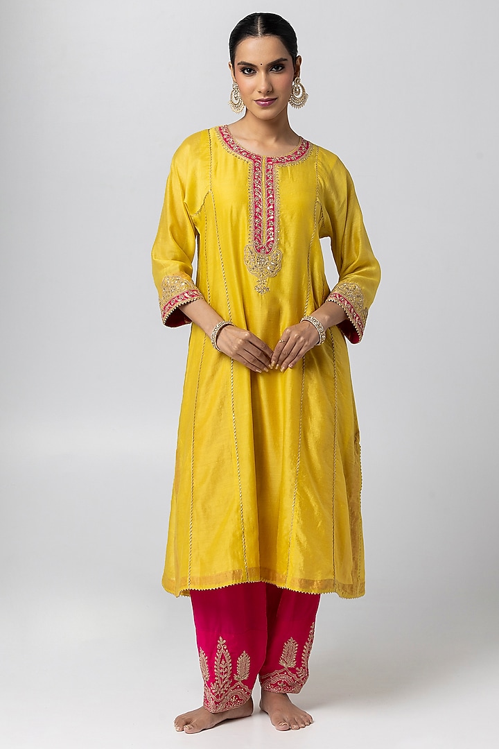 Bright Yellow Silk Chanderi Hand & Machine Embroidered Kurta Set by Pants and Pajamas at Pernia's Pop Up Shop