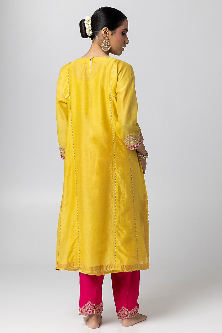 Bright Yellow Silk Chanderi Hand & Machine Embroidered Kurta Set by Pants and Pajamas at Pernia's Pop Up Shop