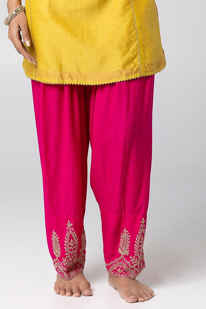 Bright Yellow Silk Chanderi Hand & Machine Embroidered Kurta Set by Pants and Pajamas at Pernia's Pop Up Shop