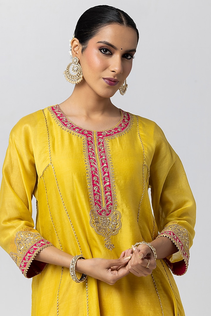 Bright Yellow Silk Chanderi Hand & Machine Embroidered Kurta Set by Pants and Pajamas at Pernia's Pop Up Shop